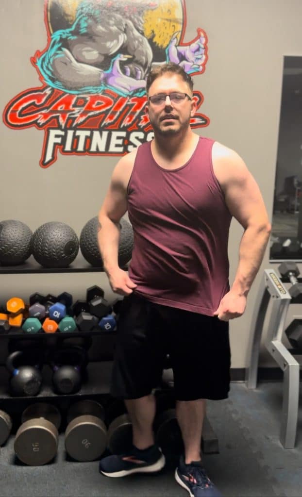 Tom after 13 months of training at Capital Fitness, in the gym